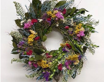 Fern and Flower. Dried Cockscomb & Strawflower floral spring summer fall wreath