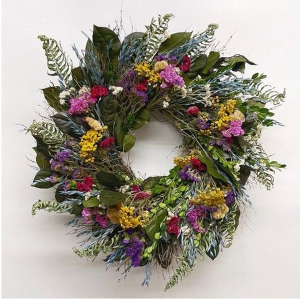 Fern and Flower. Dried Cockscomb & Strawflower floral spring summer fall wreath