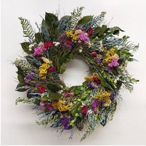 Fern and Flower. Dried Cockscomb & Strawflower floral spring summer fall wreath