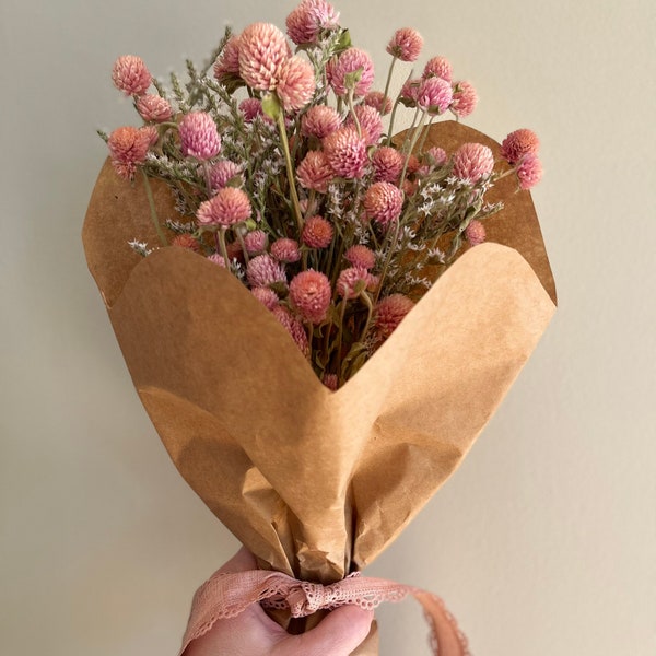 Sweetheart pink dried flower bouquet - in paper heart wrap- Mother’s Day dried flower bouquet