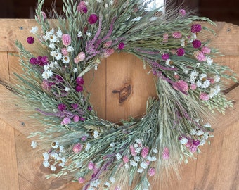 Pink Grasslands All natural dried floral spring and summer  wreath- flowers to last the whole year through- great Valentines Day gift