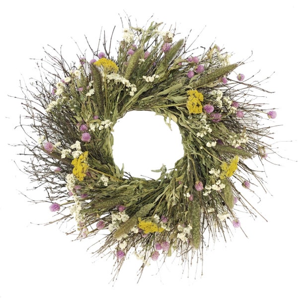 Sweet Meadow Spring Garden Wreath with dried grasses, grains and dried florals. Dried Floral Spring Mother's Day Wreath