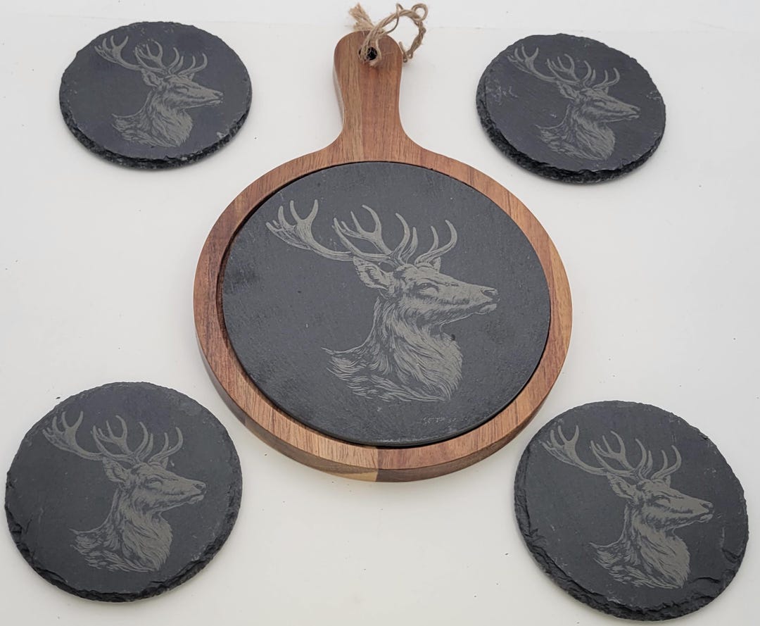 Acacia Wood Charcuterie Board With Engraved Stag Slate Insert ...