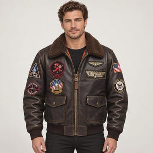 Handmade Men's Brown Distressed Leather G-1 Flight Jacket, Fur Collar Aviator Bomber with Patches, Vintage Pilot Coat, Gift for Him