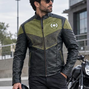 Handmade Men's Black Olive Green Leather Biker Jacket, Slim Fit Cafe Racer Moto Coat, Color Block Motorcycle Jacket, Gift for Him