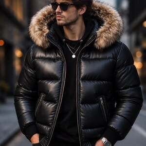 Könnte beinhalten: Eine schwarze Daunenjacke mit glänzendem Finish, Frontreißverschluss und einer Kapuze mit dickem braunem Kunstfellbesatz. Die Jacke verfügt über gerippte Bündchen, zwei seitliche Reißverschlusstaschen und einen hohen Kragen.