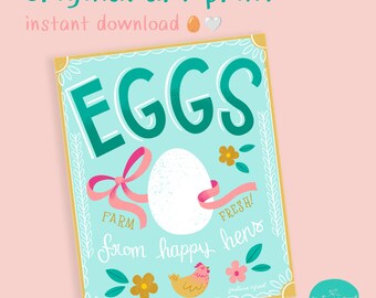 Póster ilustrado imprimible / Huevos de gallina frescos de granja / Descarga instantánea en PDF