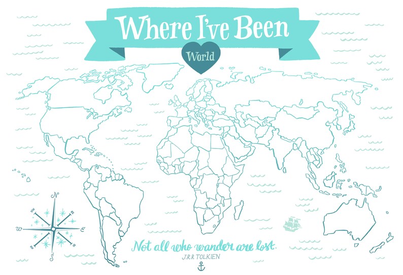 Where I've Been: World Map Icy Blue Illustrated Art Print | Etsy