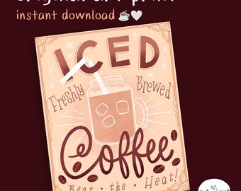 Póster ilustrado imprimible / Café helado recién hecho / Descarga instantánea en PDF