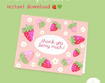 Tarjeta de agradecimiento ilustrada e imprimible / Fresas de verano / Descarga instantánea en PDF