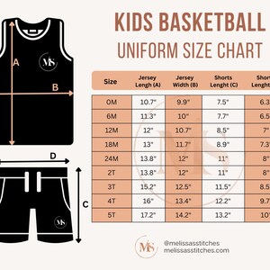 Puede incluir: Una tabla de tallas para uniformes de baloncesto para ni&ntilde;os. La tabla muestra la longitud y el ancho del jersey, y la longitud de los pantalones cortos en pulgadas para las tallas OM a 5T.