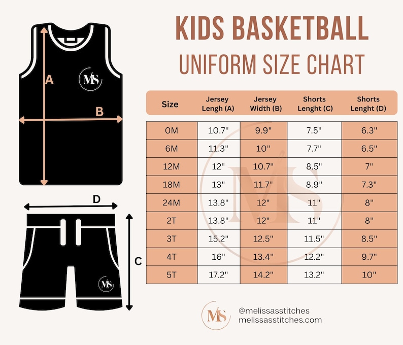 Puede incluir: Una tabla de tallas para uniformes de baloncesto para ni&ntilde;os. La tabla muestra la longitud y el ancho del jersey, y la longitud de los pantalones cortos en pulgadas para las tallas OM a 5T.