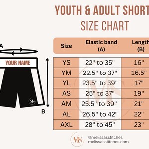 May include: Size chart for youth and adult shorts with measurements in inches. The chart shows the size, elastic band measurement, and length of the shorts. The elastic band measurement is given as a range, for example, 22" to 35". The length is given in inches, for example, 16".