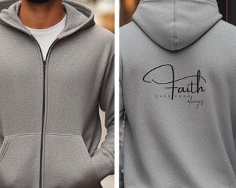 Sudadera con capucha y cremallera "Fe sobre el miedo", sudadera cristiana unisex