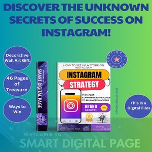 Pode incluir: Imagem que promove a estratégia do Instagram. Apresenta um livro intitulado "Instagram Strategy" com um gráfico de smartphone, um livro roxo alto e texto que diz "Descubra os segredos desconhecidos do sucesso no Instagram!" e "Este é um arquivo digital."