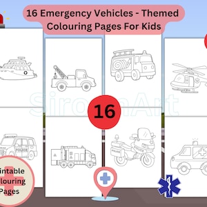May include: A set of 16 printable coloring pages featuring various emergency vehicles, including a police car, ambulance, fire truck, helicopter, tow truck, and a boat. The pages are designed for kids and are perfect for a fun and educational activity.