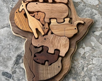 Handmade Wooden Africa Puzzle: Safari Animals Montessori Toy