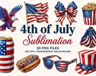 Patriotic 4th of July Sublimation Clipart Bundle | USA Flag & Eagle PNGs for Commercial Use
