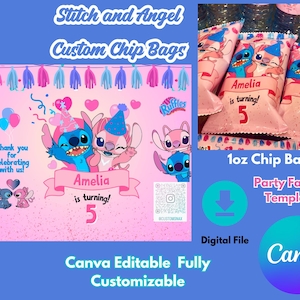 May include: Printable party favour template featuring Stitch and Angel characters from Disney's Lilo & Stitch. The template is designed for 1 oz chip bags and includes the text "Amelia is turning! 5".