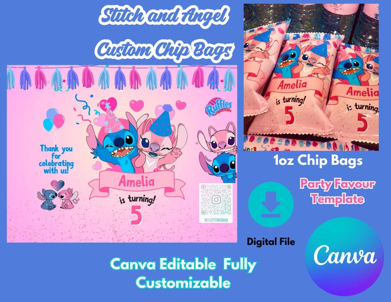 May include: Printable party favour template featuring Stitch and Angel characters from Disney's Lilo & Stitch. The template is designed for 1 oz chip bags and includes the text "Amelia is turning! 5".