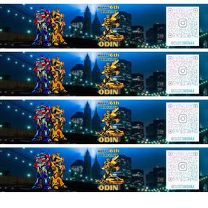 May include: Four identical birthday banner designs featuring Transformers characters. Each banner has a cityscape background, the text "HAPPY 6th BIRTHDAY ODIN", a QR code, and the Instagram handle @CUSTOMSNAX.