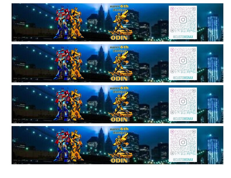 May include: Four identical birthday banner designs featuring Transformers characters. Each banner has a cityscape background, the text "HAPPY 6th BIRTHDAY ODIN", a QR code, and the Instagram handle @CUSTOMSNAX.
