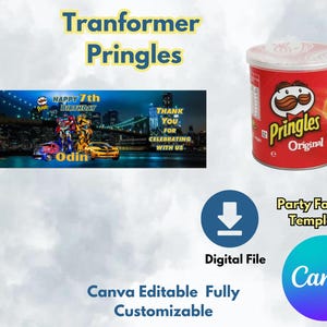 Op de afbeelding: Een rode Pringles-bus met het Pringles-logo en het woord "Original". De afbeelding bevat ook een banner met de tekst "Happy 7th Birthday Odin" en "Thank you for celebrating with us". De afbeelding is een digitaal bestand en een Canva-sjabloon.