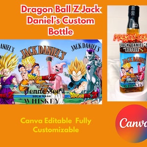 Peut inclure: Une bouteille de whisky Jack Daniel's personnalisée avec des personnages de Dragon Ball Z. L'étiquette indique "Dragon Ball Z Jack Daniel's Bottle" et "Tennessee Sour Mash Whiskey". La bouteille est sur une surface blanche, fond orange.