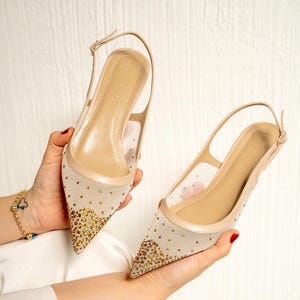 Swarovski Low Heel Wedding Shoes, Elegant Beige Bridal Shoes, Gold Crystal Mesh Slingback shoes, Handmade Pointed Toe heels
