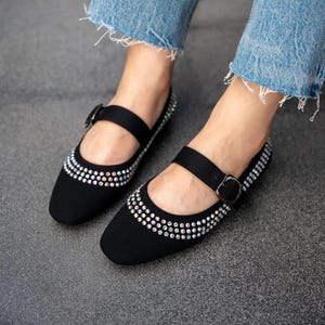 BLACK, High Quality Matte Satin Shoes, Stoned Mary Janes Ballerinas, Low Heel Mary Jane Flats, Women&#39;s Vintage Shoes, Ballet Flats