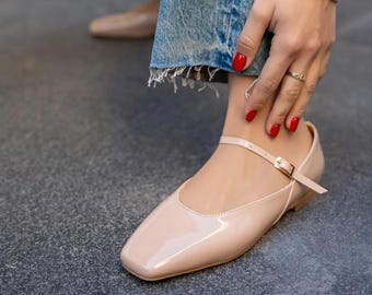BEİGE, Low Heel Mary Jane Flats, Women's Vintage Shoes, Ballet Flats, Soft Navy Brown Mary Jane Shoes, women flats shoes, buckle shoes