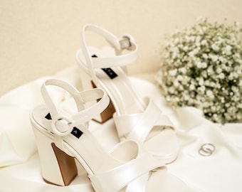 Ivory Leather Platform Bridal Heels: Cross Strap Wedding Shoes