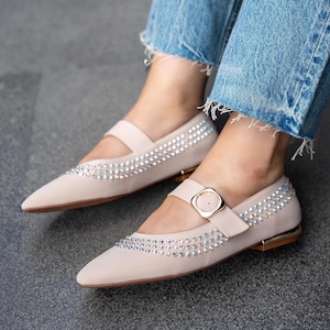 BEİGE, High Quality Matte Satin Shoes, Stoned Mary Janes Ballerinas, Low Heel Mary Jane Flats, Women&#39;s Vintage Shoes, Ballet Flats