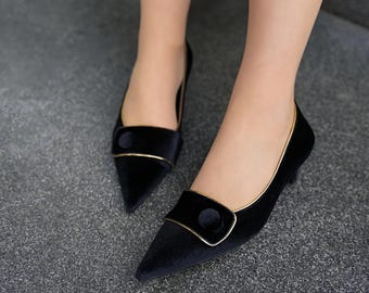 Velvet Low Heeled Wedding shoes, Women's Low Heels,Bridal Shoes, Friend Of Bride Shoe,Family Meetings Shoe, Shoes With button Design, Black