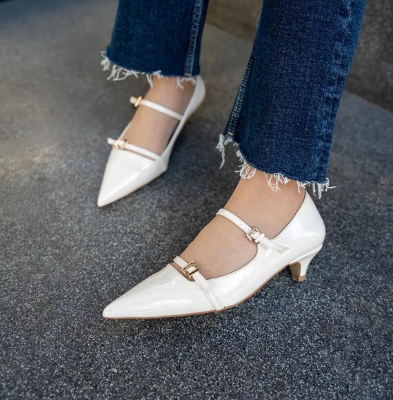 White Mary Janes, Buckle Detailed Women's Low Heel Shoes, T-strap