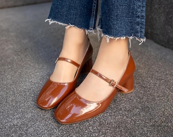 Brown Patent Leather Shoes, Low Heel Mary Jane Shoes, Strappy Wedding Shoes, Gift for Lover