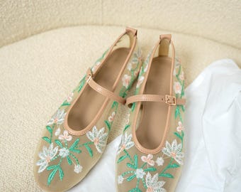 Embroidered Fishnet Ballerinas: Handmade Floral Bridal Shoes