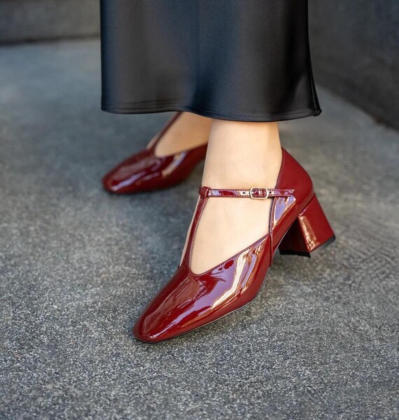 Burgunder Blockabsatz Damen Mary Janes, Schnalle Detaillierte Low