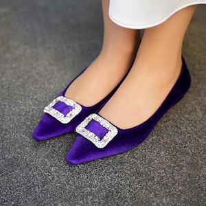 Velvet Low Heeled Wedding shoes, Women&#39;s Low Heels, Bridal Shoes, Friend Of Bride Shoe,Family Meetings Shoe,Shoes With Stone Design, Purple