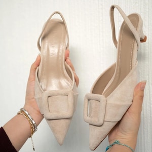 Pointed Toe Elegant Shoes for Women, Buckle Detailed Women&#39;s Suede Shoes, Woman Wedding Shoes, Special Day Shoes