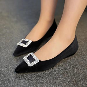 Velvet Low Heeled Wedding shoes, Women&#39;s Low Heels, Bridal Shoes, Friend Of Bride Shoe,Family Meetings Shoe,Shoes With Stone Design, Black