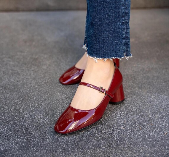 Mary Jane Burgundy Low Heel Wedding Shoes Burgundy Patent Leather