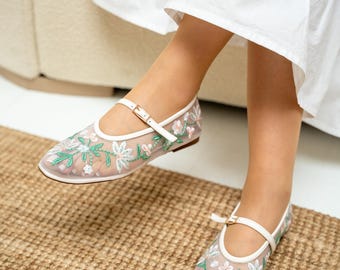 Embroidered Fishnet Ballerina, Transparent Wedding Shoes, Elegant Bridal Spring Shoes, Floral Embroidered Low Heel Ballerina Shoes