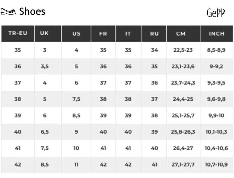 Puede incluir: Tabla de conversi&oacute;n de tallas de zapatos que muestra las tallas en US, UK, EU, francesas, italianas, rusas, cent&iacute;metros y pulgadas.