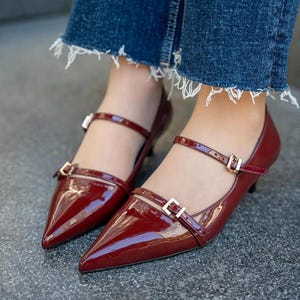 Burgundy Mary Janes, Buckle Detailed Women&#39;s Low Heel Shoes, T-Strap Mary Janes, Stylish Mary Jane, Gift for Lover
