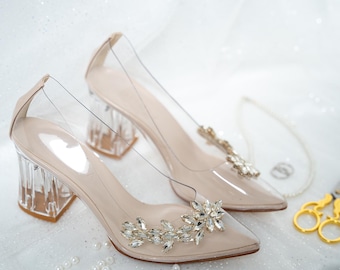 Medium Thick Heel Shoes, Cinderella Bridal Shoes, Transparent Flower Heel Shoes, Wedding Shoes, Gift for Her