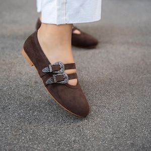BROWN Velvet Mary Janes, Brown Mary Jane Shoes, Soft  Brown Mary Jane Shoes, Low Heel Mary Jane Flats, Women Vintage Shoes, Ballet Flats
