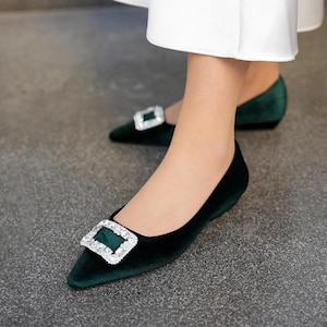 Velvet Low Heeled Wedding shoes, Women&#39;s Low Heels, Bridal Shoes, Friend Of Bride Shoe,Family Meetings Shoe,Shoes With Stone Design, Green