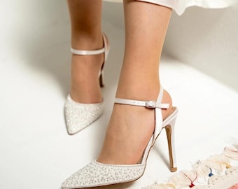 White Satin Heeled Bridal Shoes, Stoned Pearl Embroidered Bridal Shoes, White Heeled Shoes, Ankle Strap Heeled Shoes