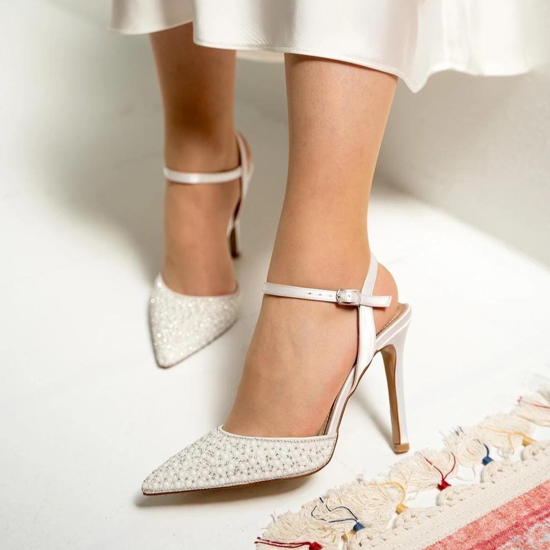 White Satin Heeled Bridal Shoes, Stoned Pearl Embroidered Bridal Shoes, White Heeled Shoes, Ankle Strap Heeled Shoes